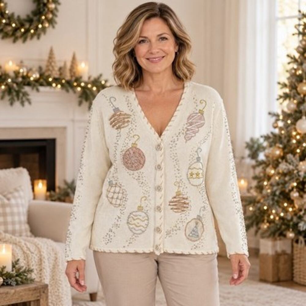 Designers Originals Studio Joy Vintage Christmas Cardigan Large Beaded Ornament